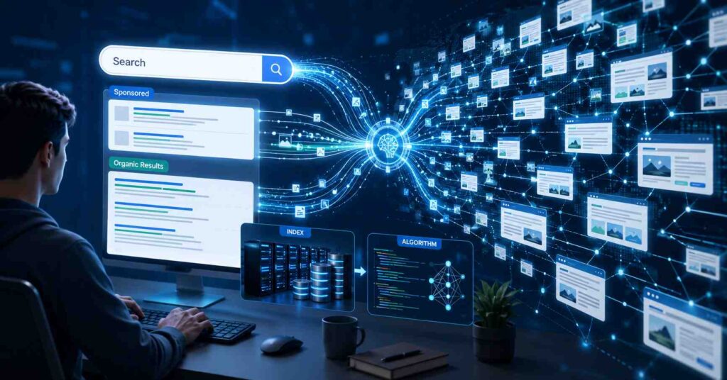 Search engine basics concept with digital index, algorithms, and organic rankings