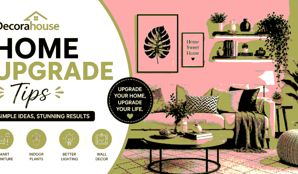 Home Upgrade Tips by Decoradhouse featuring a modern living room with stylish decor, plants, lighting ideas.