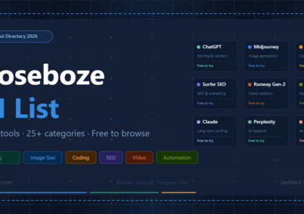 Goseboze AI List 2026 — free directory of 500+ AI tools across 25+ categories including writing, image generation, coding, SEO, and automation.