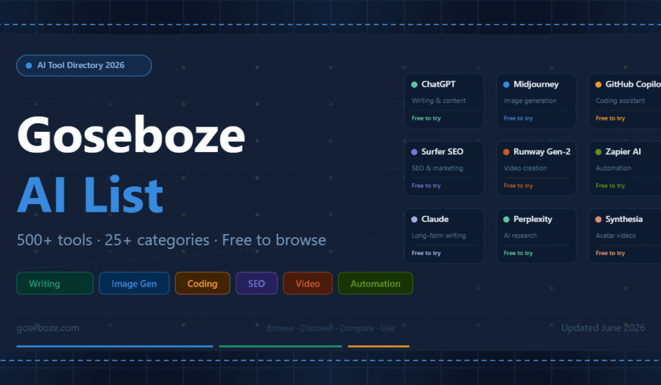 Goseboze AI List 2026 — free directory of 500+ AI tools across 25+ categories including writing, image generation, coding, SEO, and automation.