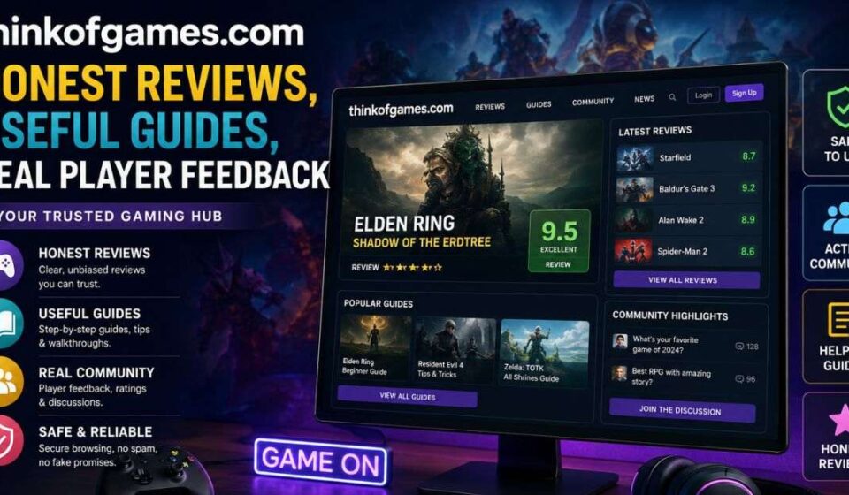 ThinkOfGames.com homepage showing gaming reviews, guides, and news for PC, console, and mobile players