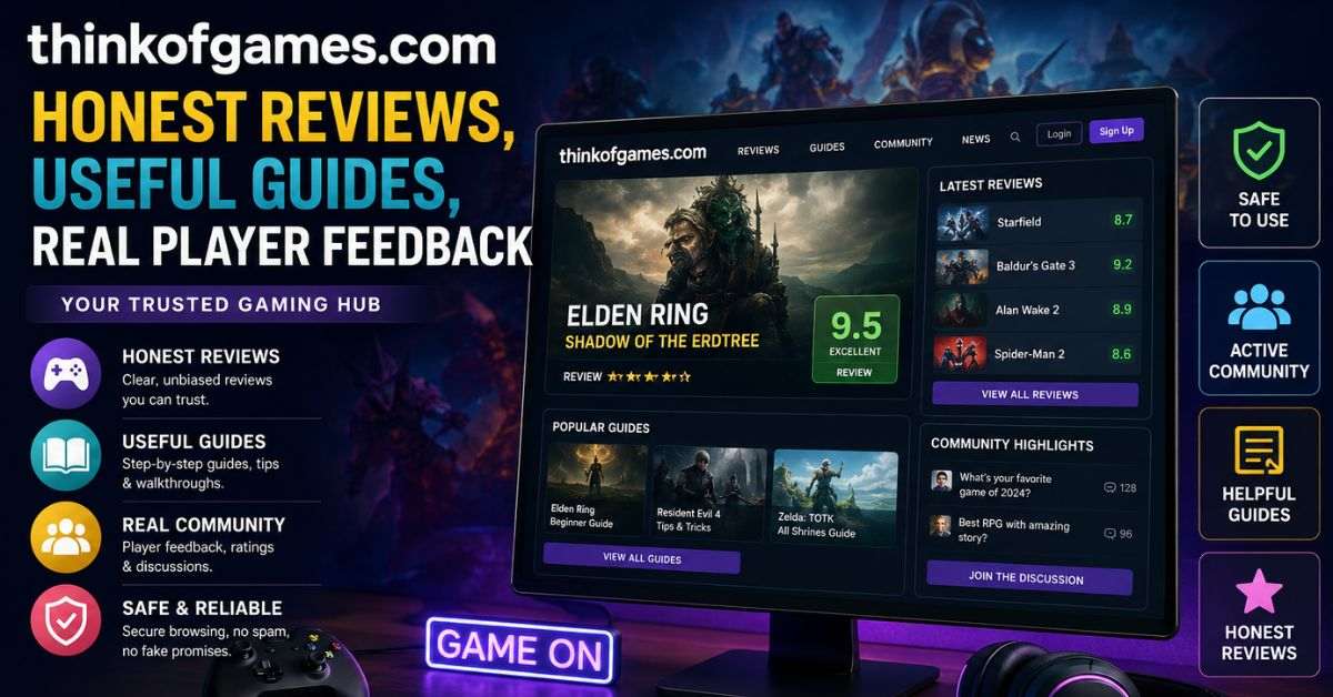 ThinkOfGames.com homepage showing gaming reviews, guides, and news for PC, console, and mobile players