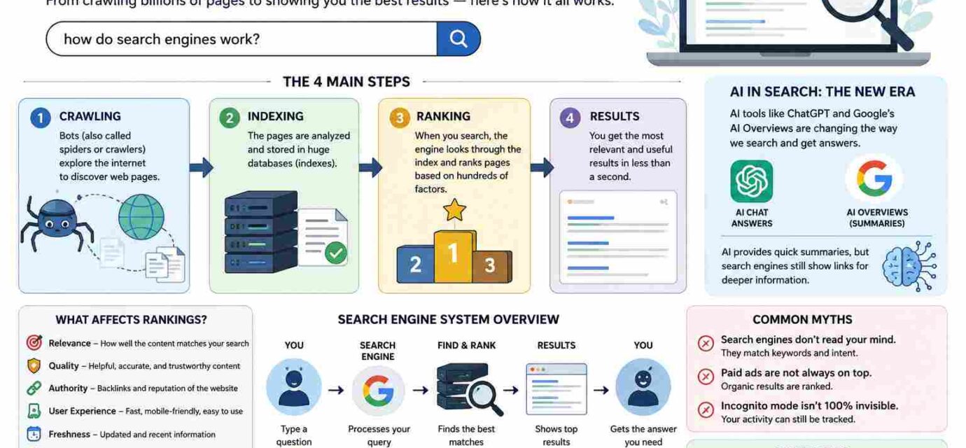Search engine basics guide showing crawling, indexing, and ranking process in 2026