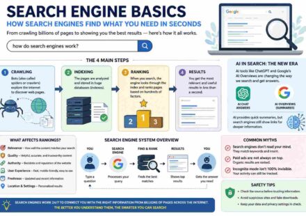 Search engine basics guide showing crawling, indexing, and ranking process in 2026