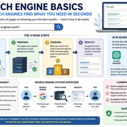 Search engine basics guide showing crawling, indexing, and ranking process in 2026