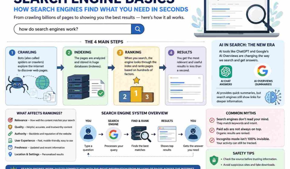 Search engine basics guide showing crawling, indexing, and ranking process in 2026